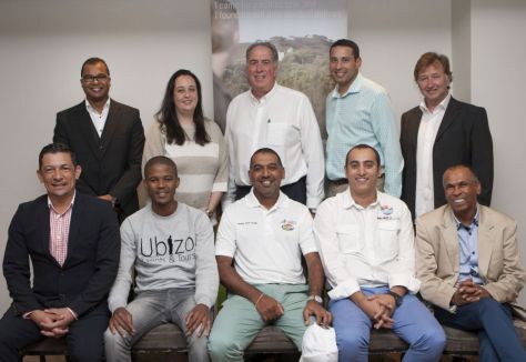 Caption: First Row L-R: Jonathan Jacobs (CTT Board), Siyabulela Siyaka of Ubizo Tours and Events (winner 2015), Ebrahim Osman of Ozzie's Golf Guides (winner 2014), Shaheed Ebrahim of Escape to the Cape (winner 2015), and Enver Mally (Chairperson CTT Board). Standing L-R: Enver Duminy (CTT CEO), Alushca Ritchie (CTT Board), John van Rooyen (CTT Board), Brett Hendricks (CTT Board), JB Maree (Business Skills Coach) Image by Deon Gurling, courtesy of Cape Town Tourism 